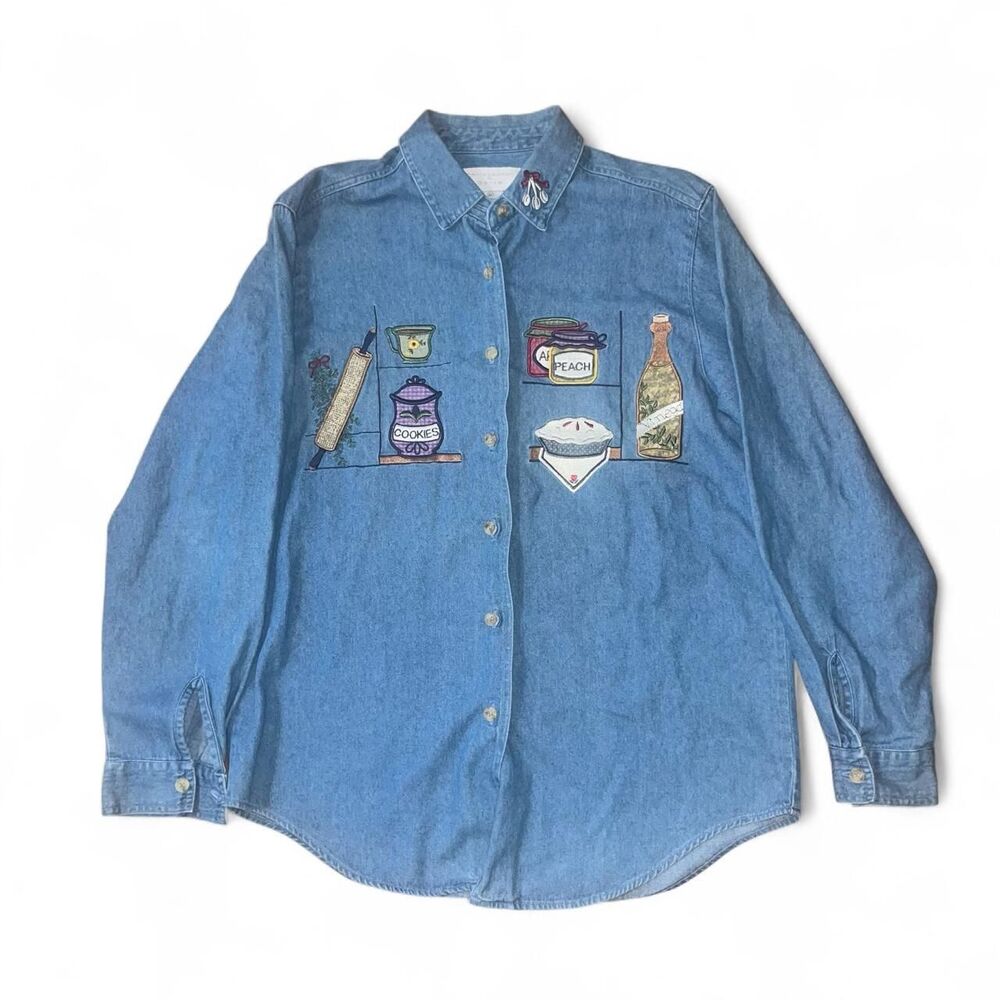 Vintage 1990s Christopher & Banks Women's Embroidered Cooking Kitchen Denim